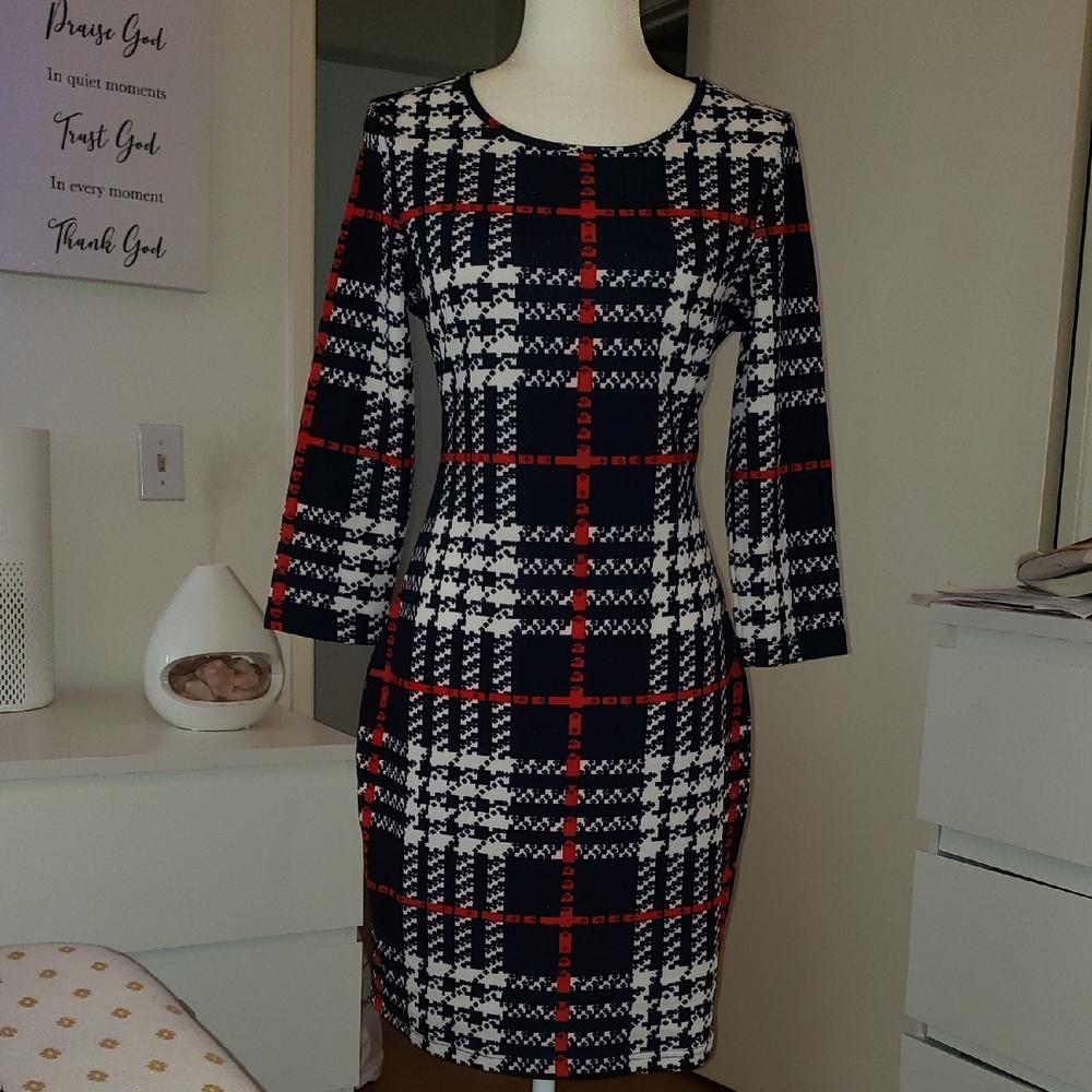 SHEIN Black and White Sheath Dress 3/4 Sleeve Crew Neck